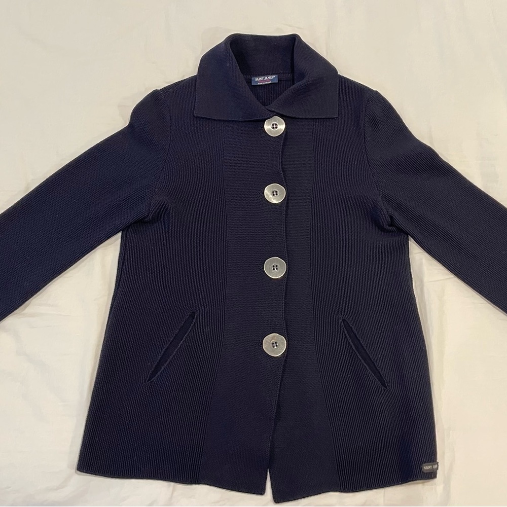Saint James Women's Wool Navy Cardigan Blazer Pockets Made In France Size US 8